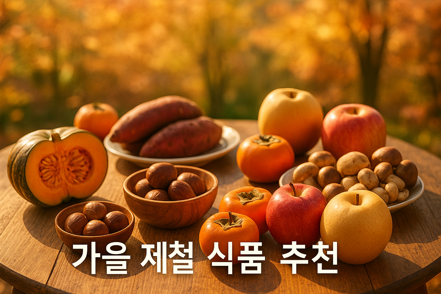 가을 제철 식품 추천 — 밤, 고구마, 사과, 버섯, 단호박, 배, 대하가 풍성하게 담긴 상차림