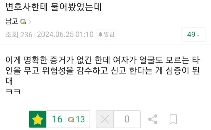 변호사한테 물어봤었는데
남고&gt;
조회 236 2024.06.25 01:10 알림
49
이게 명확한 증거가 없긴 한데 여자가 얼굴도 모르는 타 인을 무고 위험성을 감수하고 신고 한다는 게 심증이 된 대
ㅋㅋ