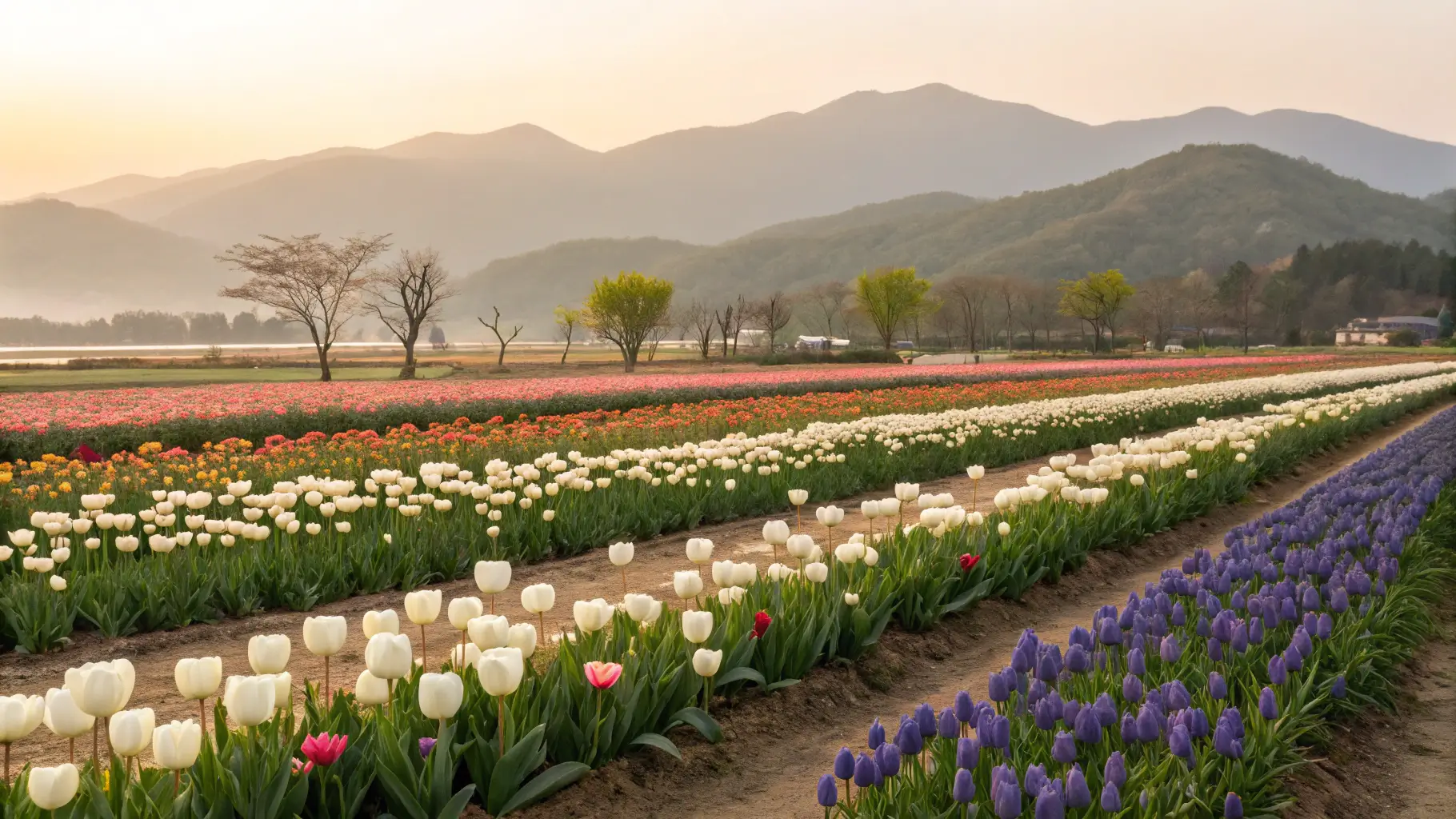 massive field of colorful tulips and muscari flowers in full bloom at Baekdudaegan National Arboretum, Korea, spring seaso