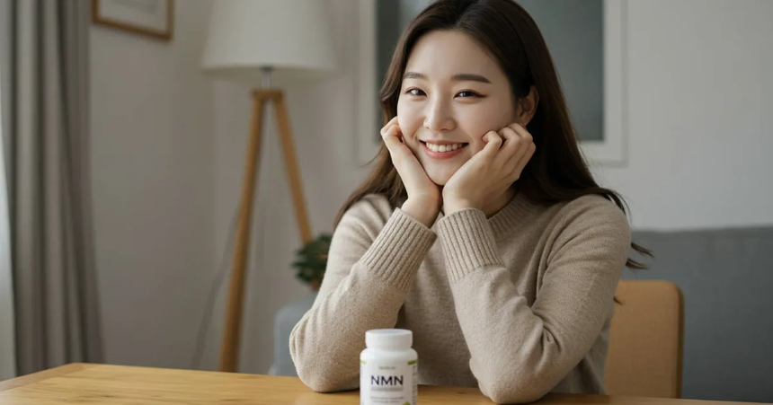 거실 테이블에 앉아 미소를 짓고 있는 여성 이미지