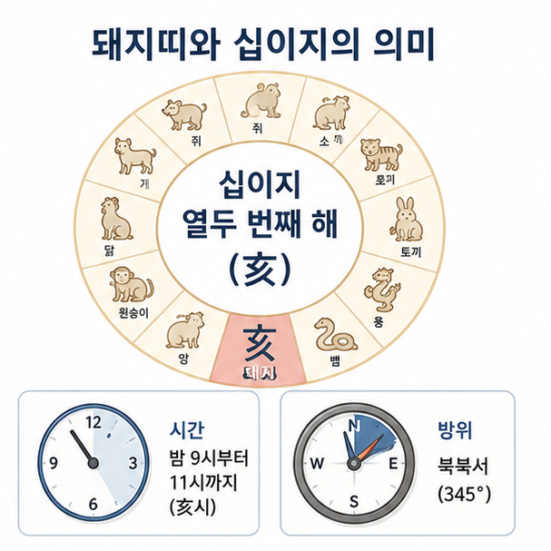 십이지 열두 번째 해와 밤 9시부터 11시, 북북서 방향을 나타낸 돼지띠 의미