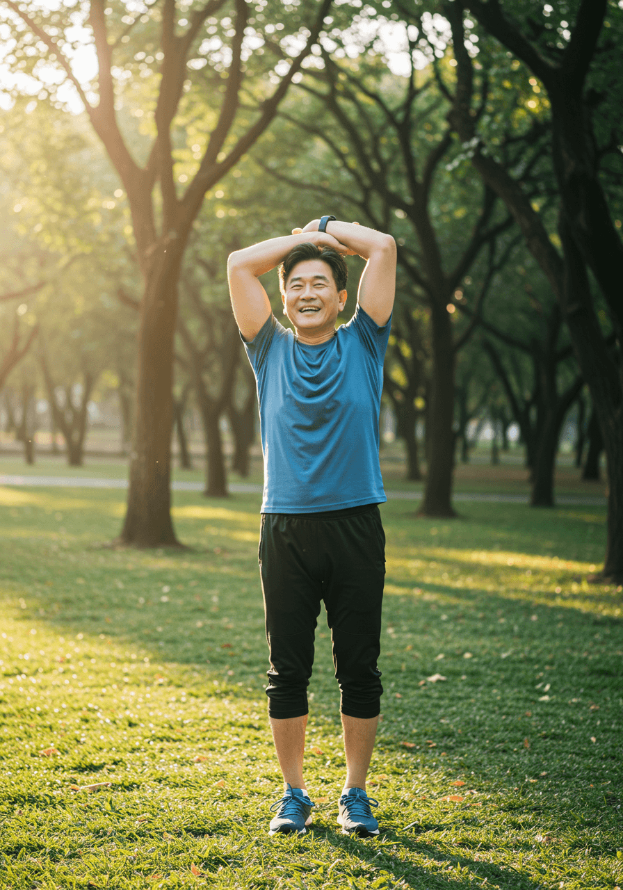 아침 햇살 속에서 산책하며 기지개를 켜는 건강한 50대 한국인 남성