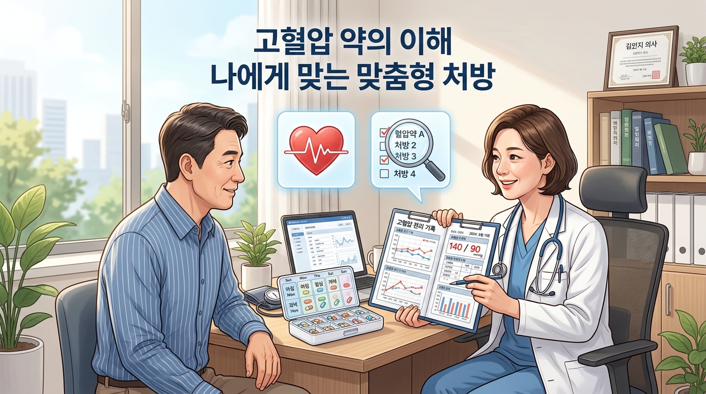 의사와 환자가 건강 차트를 보며 상담하는 모습. 다양한 약이 정리된 개인 맞춤형 약통과 안정적인 심장 박동 아이콘이 배치되어, 고혈압 약의 종류를 이해하고 개인별 맞춤 처방을 받는 것이 중요함을 시각화함.