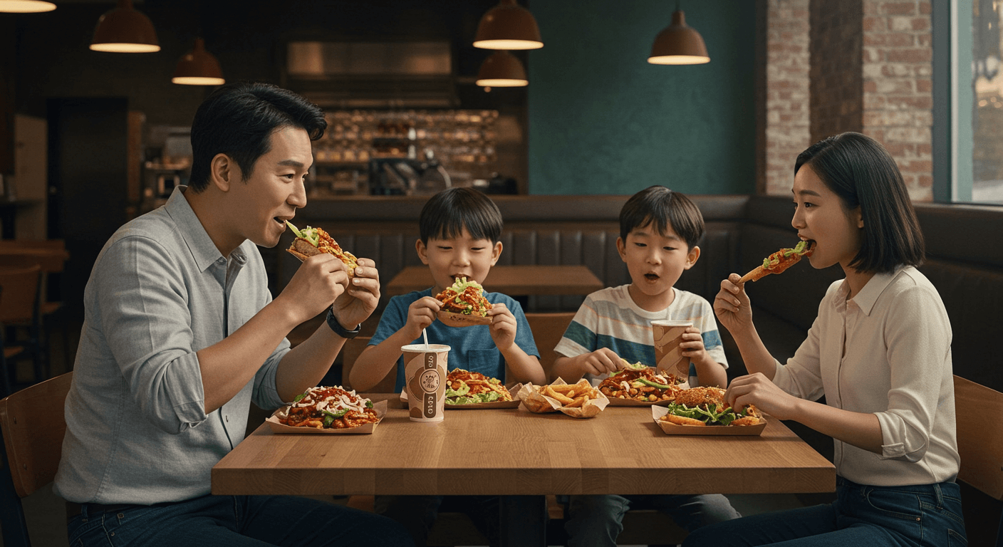 한국 가족이 치폴레 음식을 함께 나누며 즐겁게 식사하는 장면 3