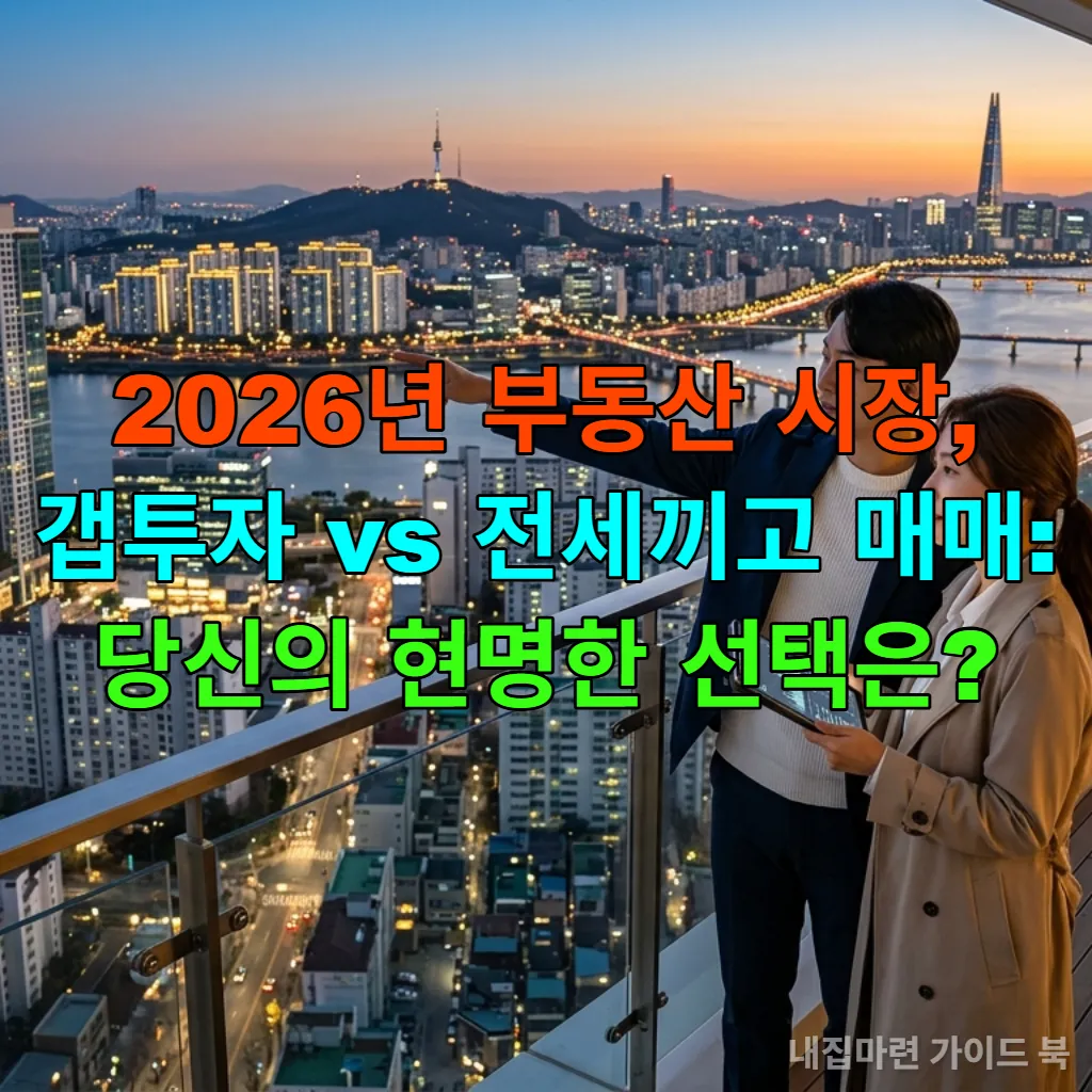 2026년 한국 도시 야경을 배경으로 부동산 투자를 고민하는 젊은 부부의 모습