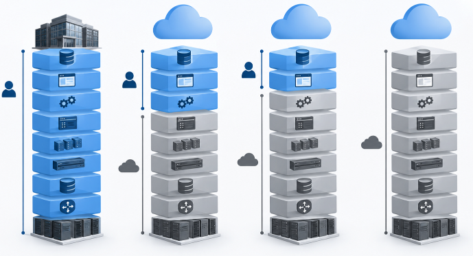 온프레미스부터 SaaS까지 기업과 클라우드 사업자의 관리 범위가 변화하는 구조