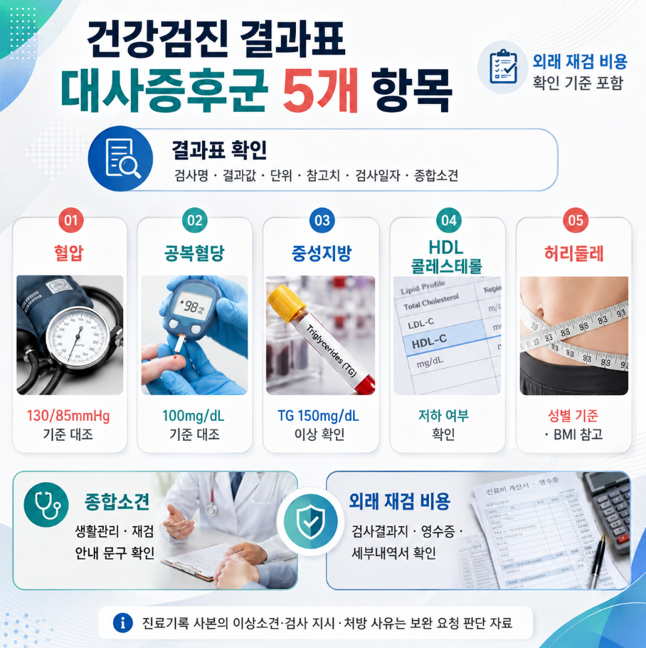 건강검진 결과표에서 대사증후군 5개 항목과 외래 재검 비용 확인 기준을 정리한 의료 인포그래픽