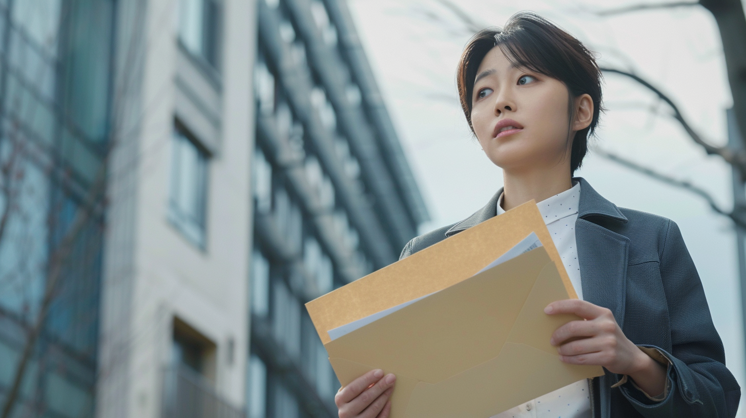 서류를 손에 들고 건물 밖에서 다음 행동을 결심하는 장면