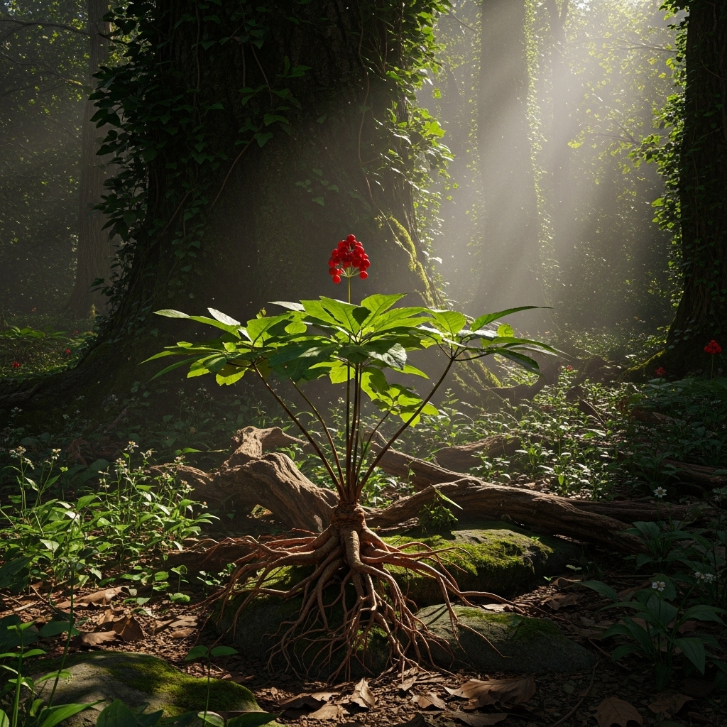 깊은 숲속에서 붉은 열매와 오엽이 돋보이는 강인한 자연산 산삼