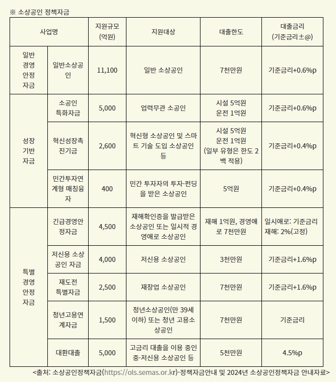 소상공인 정책자금 설명표 이미지