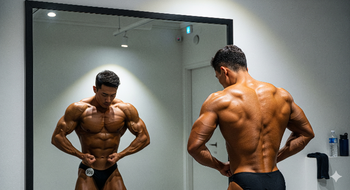 보디빌딩 선수가 거울을 보며 포징을 하는 모습
