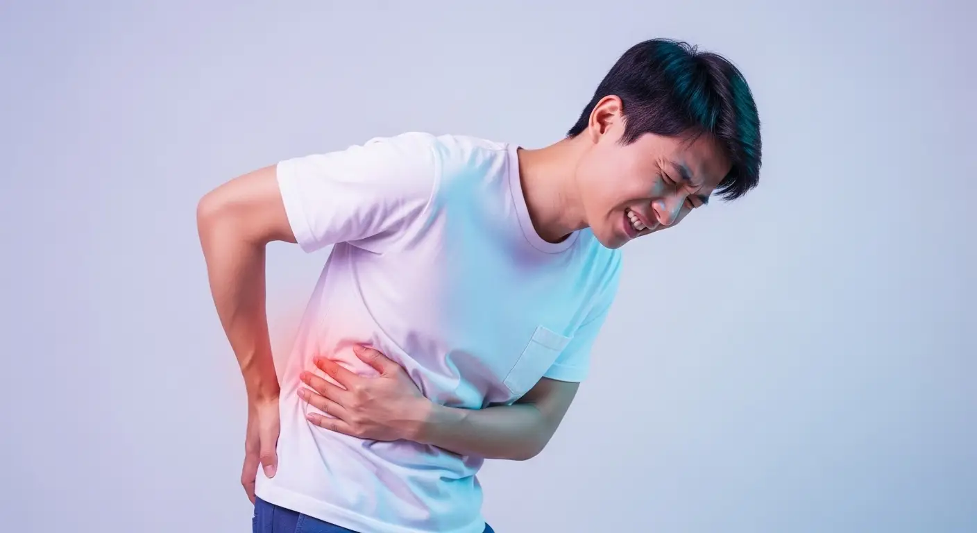 반팔 티셔츠를 입은 젋은 남성이 요로 결석으로 고통스러워하는 장면