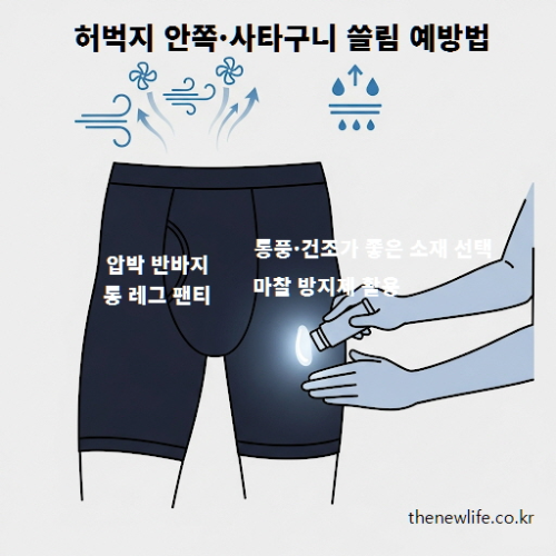 허벅지 안쪽과 사타구니 쓸림 예방을 위해 압박 반바지와 롱 레그 팬티, 통풍 좋은 소재, 마찰 방지제를 활용하는 방법을 설명하는 이미지