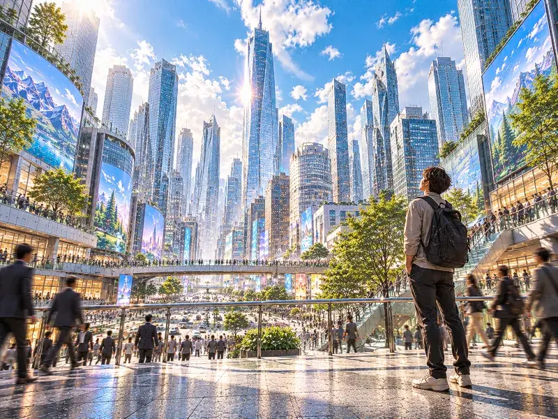 A person standing on the right side and looking over a bright futuristic city with towering skyscrapers and crowds