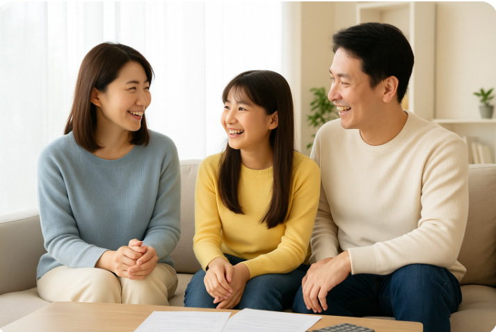 거실에서 한국 부모와 자녀가 노트북을 함께 보며 웃고 있는 모습