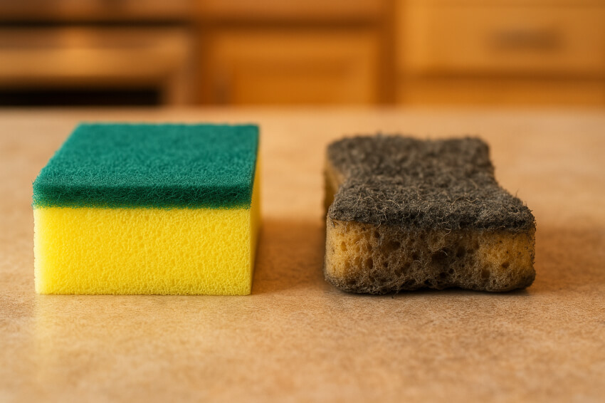 수세미 교체 주기를 확인 하기 위한 오래된 수세미와 비교 장면