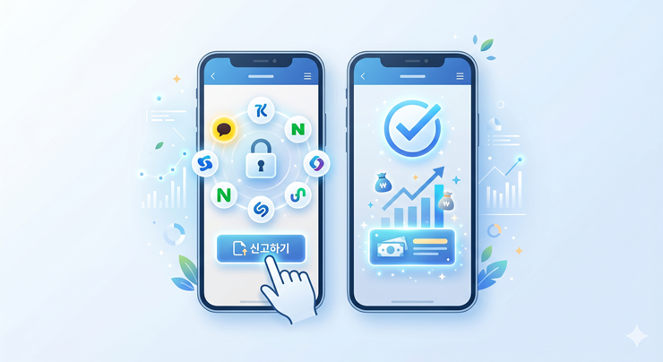 스마트폰 손택스 앱에서 간편 인증으로 로그인하여 종합소득세 모두채움 신고를 완료하는 과정을 표현한 인포그래픽 일러스트