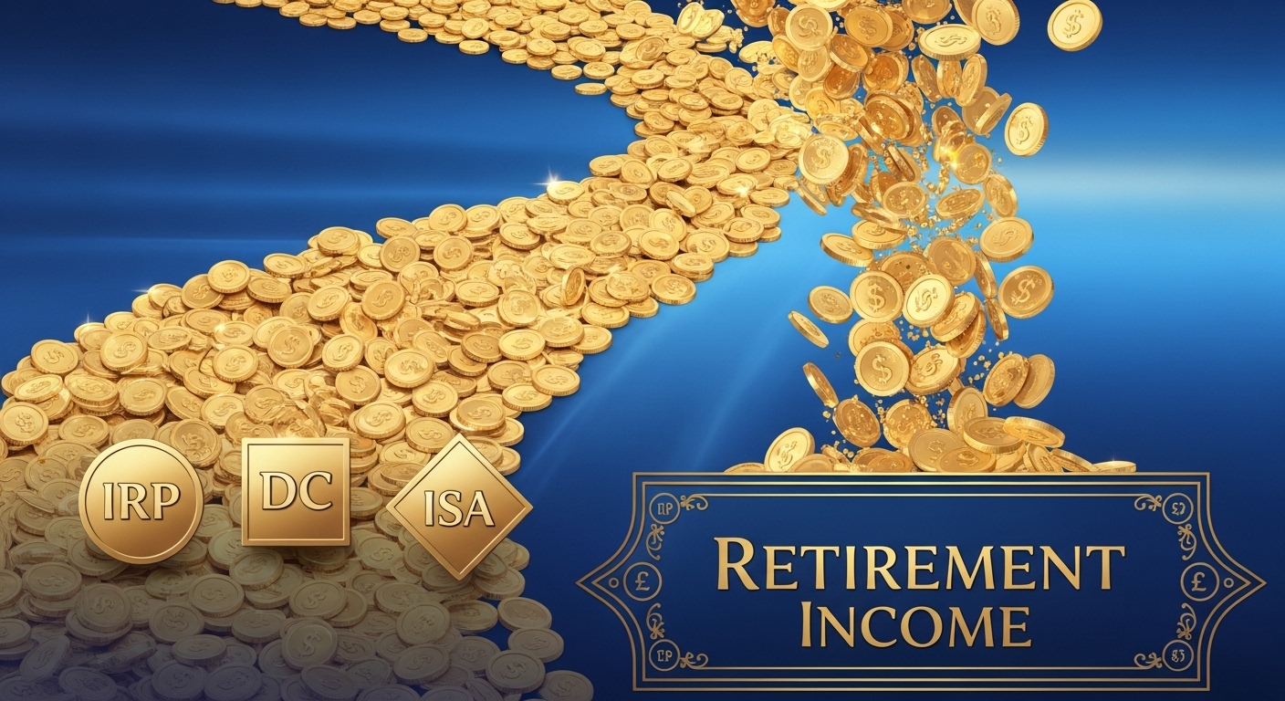 복잡한 연금, IRP, ISA 계좌들이 하나로 합쳐져 노후 현금흐름으로 연결되는 이미지