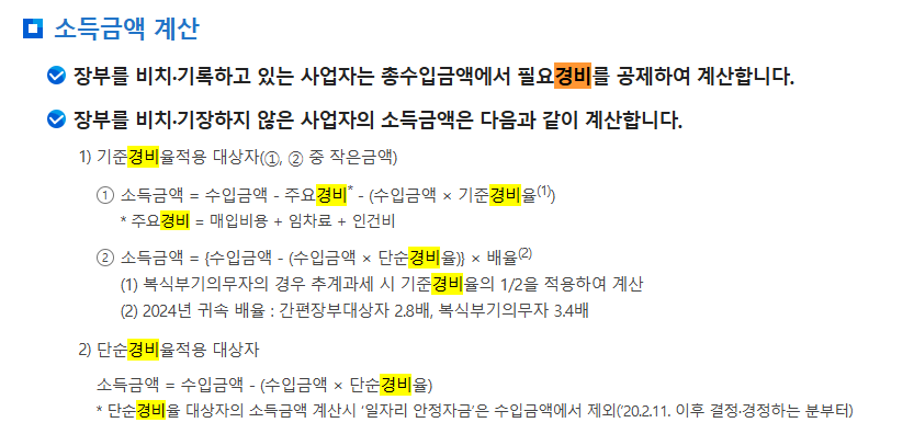 국세청>국세신고안내>종합소득세 안내 페이지 소득금액 계산 법 필요경비의 개념을 알아두는 게 중요하다