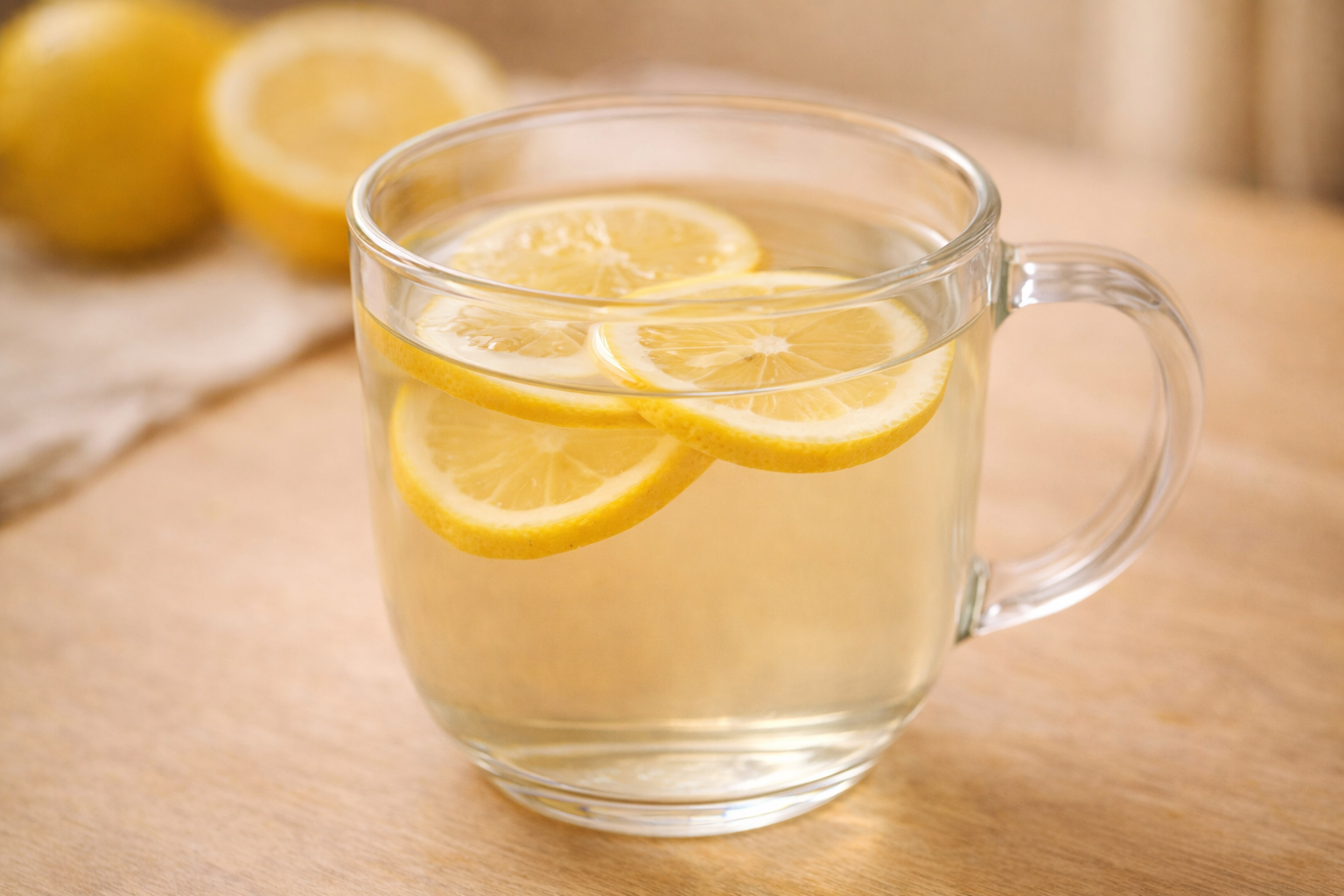 투명한 유리컵에 담긴 따뜻한 물과 신선한 레몬 슬라이스 조각