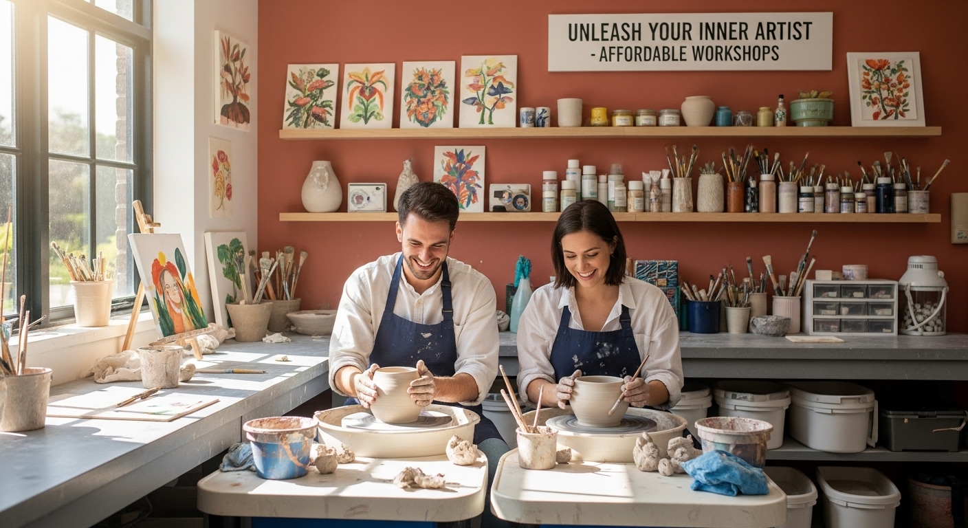 20대 대학생 커플이 원데이 도예 클래스에서 함께 작품을 만들며 집중하는 모습