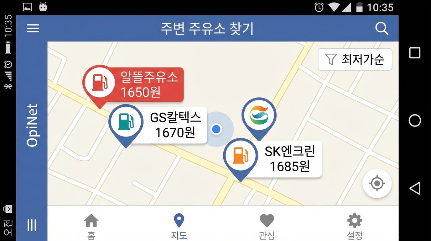 오피넷 앱을 통해 주변 최저가 주유소를 찾는 화면 스크린샷
