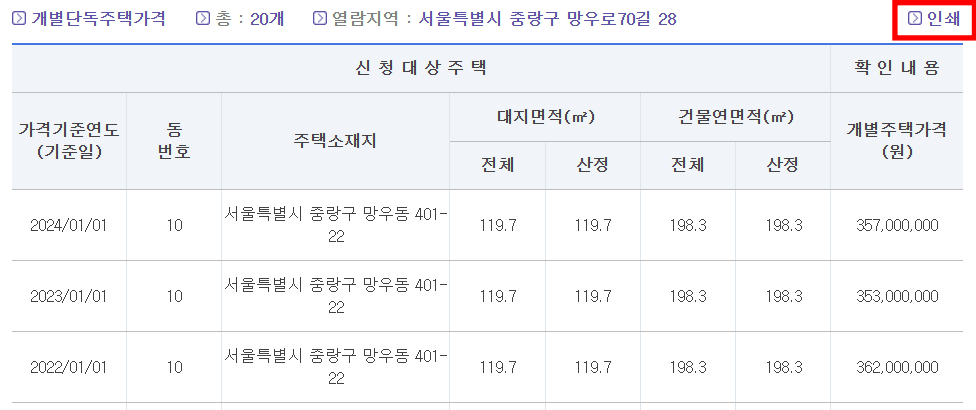 공시가격 PDF 저장 혹은 인쇄 방법