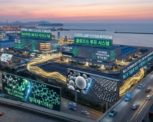 에코프로 포항 캠퍼스의 거대한 양극재 생산 라인을 배경으로, 하이니켈 NCA 양극재의 미세 입자 구조와 클로즈드 루프 시스템의 데이터 흐름을 분석하는 전문적인 전경