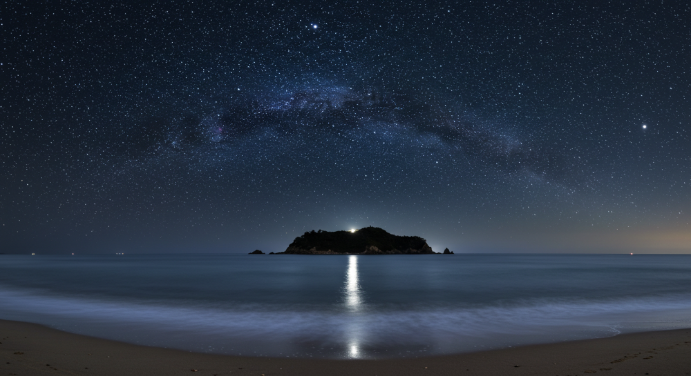 협재 해변에서 비양도를 배경으로 바다에 반사된 별빛