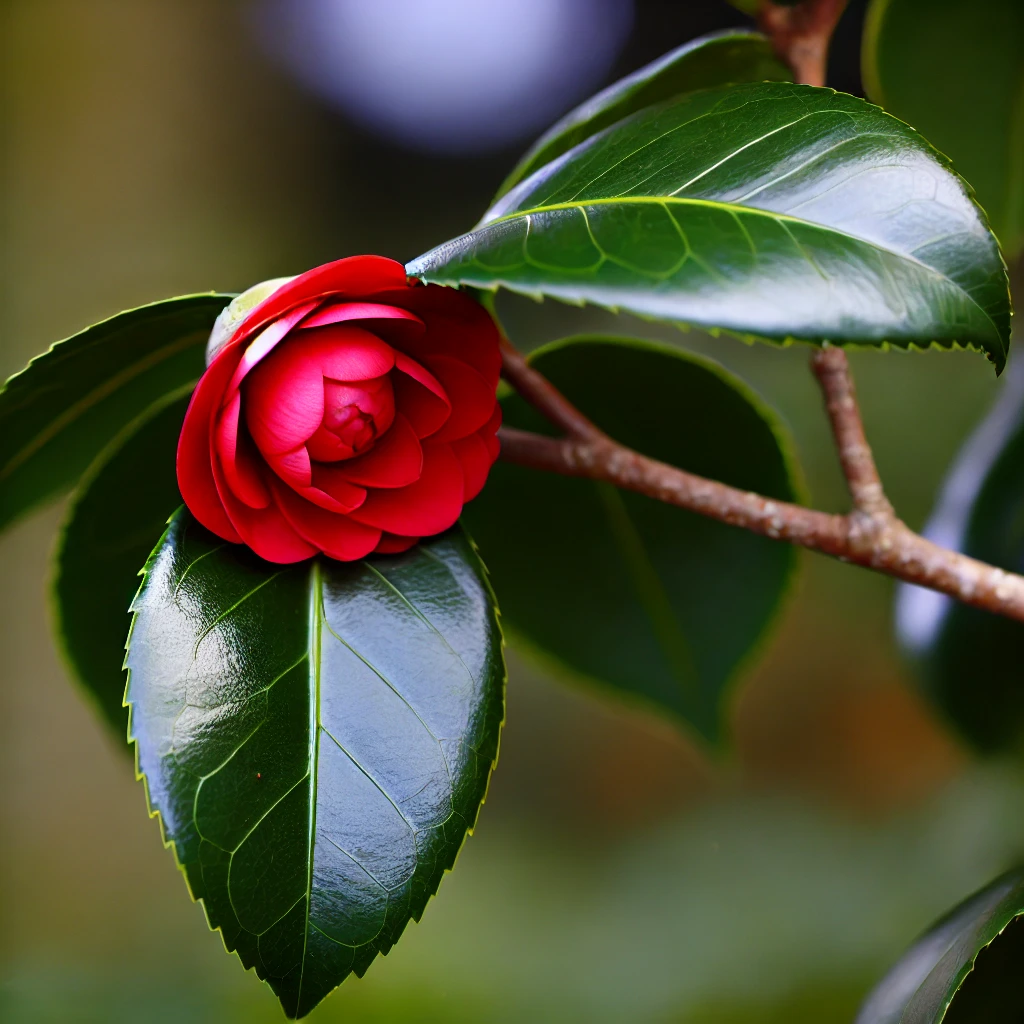 이미지에는 붉은 동백나무 꽃(Camellia japonica)이 겨울에 만개한 모습이 담겨 있습니다. 꽃잎은 부드럽게 안쪽으로 말려 있으며, 여러 겹으로 겹쳐져 풍성한 느낌을 줍니다. 꽃 주변에는 반짝이는 짙은 초록색 잎들이 함께 자리하고 있습니다. 나무 가지에 피어난 이 꽃은 겨울 정원의 평온함과 자연의 아름다움을 강조합니다.