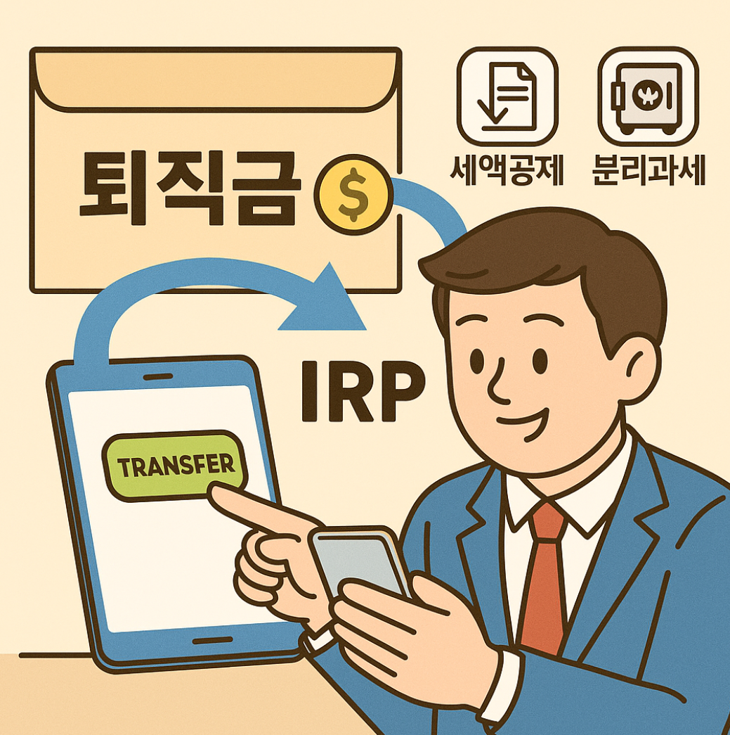 퇴직금을 IRP 계좌로 이체하는 장면을 표현한 일러스트