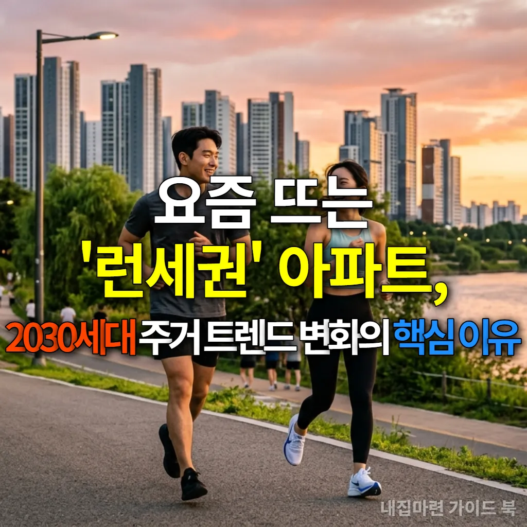 서울 한강변을 따라 조깅하는 2030세대 커플과 배경의 런세권 아파트 단지