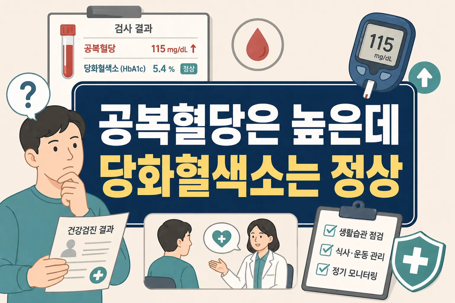 공복혈당은 높은데 당화혈색소는 정상인 경우 건강검진 결과를 한 번에 단정하지 말고 재검사와 상담 필요성을 함께 확인하도록 안내한 이미지