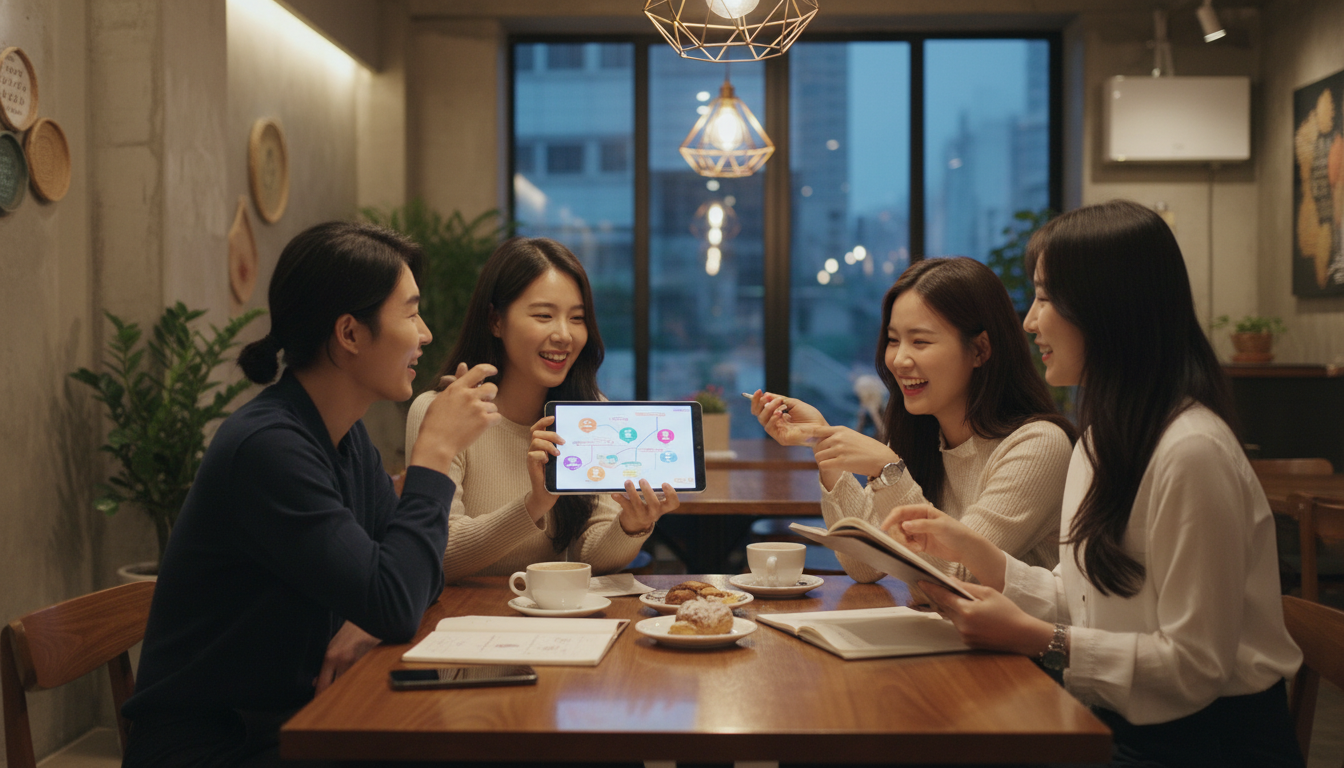 현대 한국 젊은이들이 카페에 앉아 여행 계획을 세우는 즐거운 모습