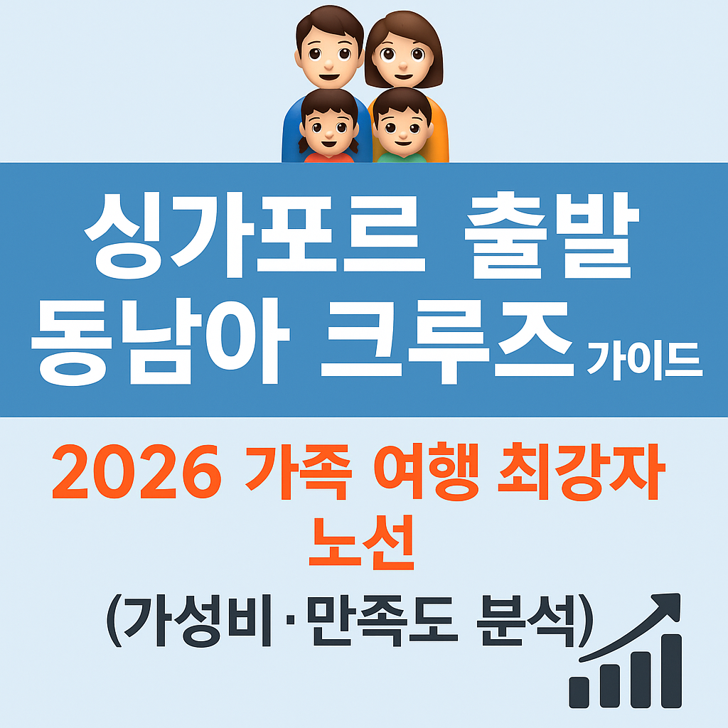 싱가포르 출발 동남아 크루즈 가이드 썸네일 이미지. 2026 가족 여행 최강 노선과 가성비·만족도 분석을 강조한 디자인으로, 가족 단위 여행자에게 추천하는 크루즈 여행 정보를 나타내는 대표 이미지.