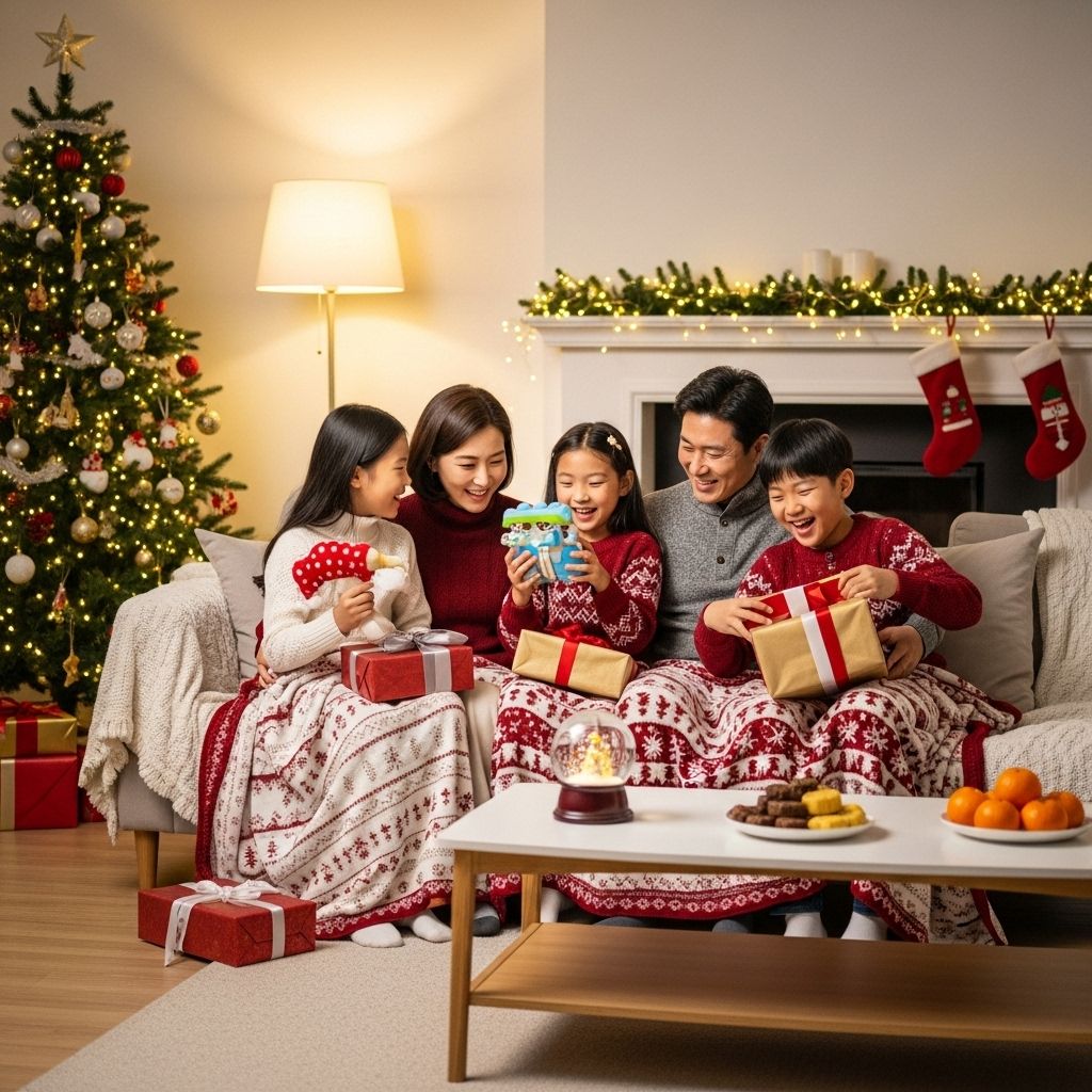 크리스마스 선물 상자를 열고 있는 가족