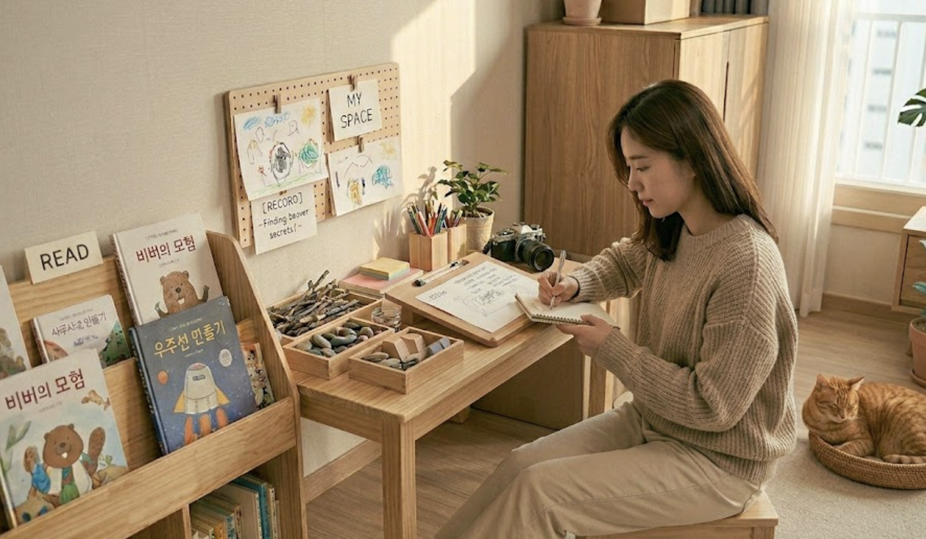 아이의 활동을 기록하는 엄마의 모습