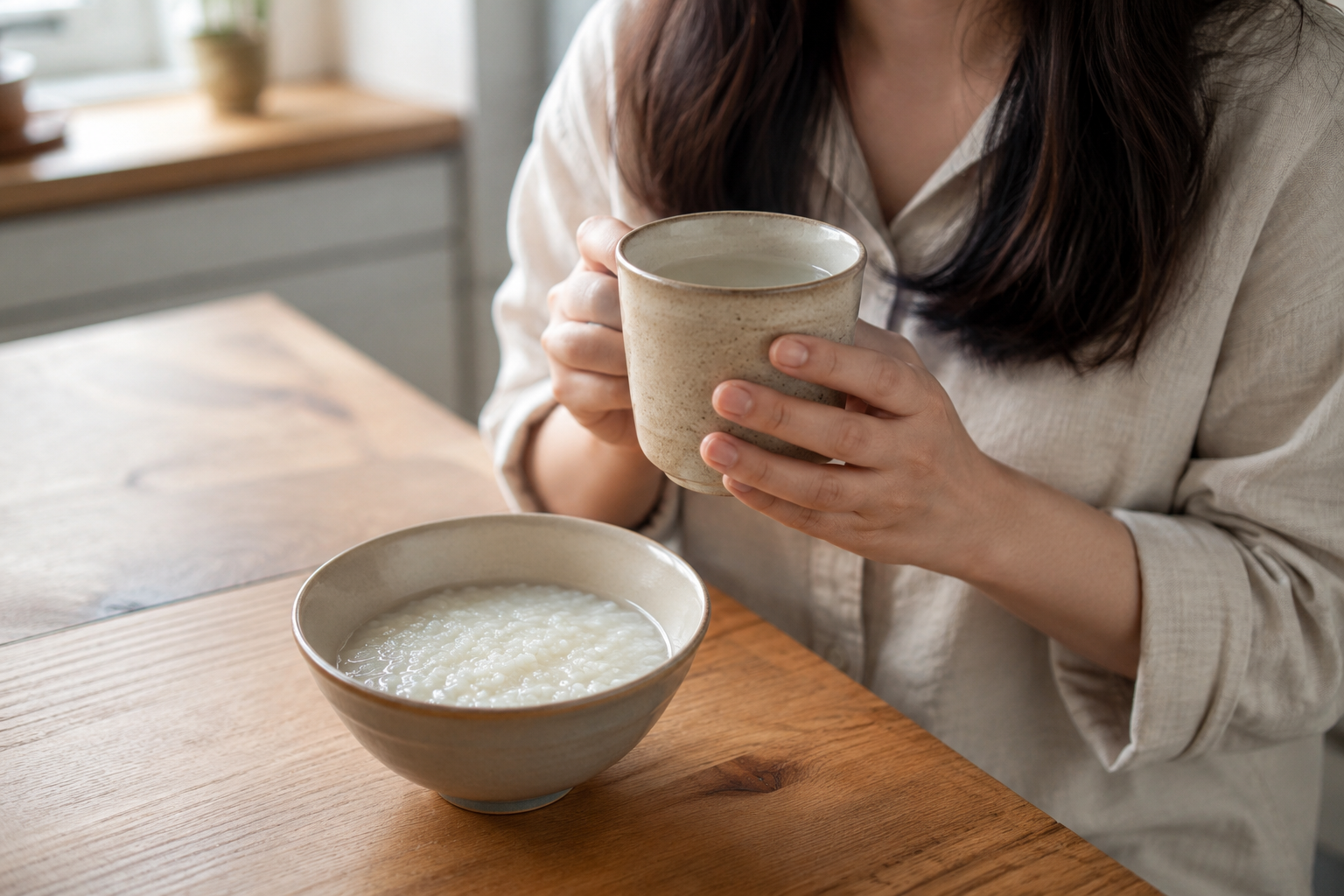 식중독 회복 중 수분 보충 및 죽 섭취 장면