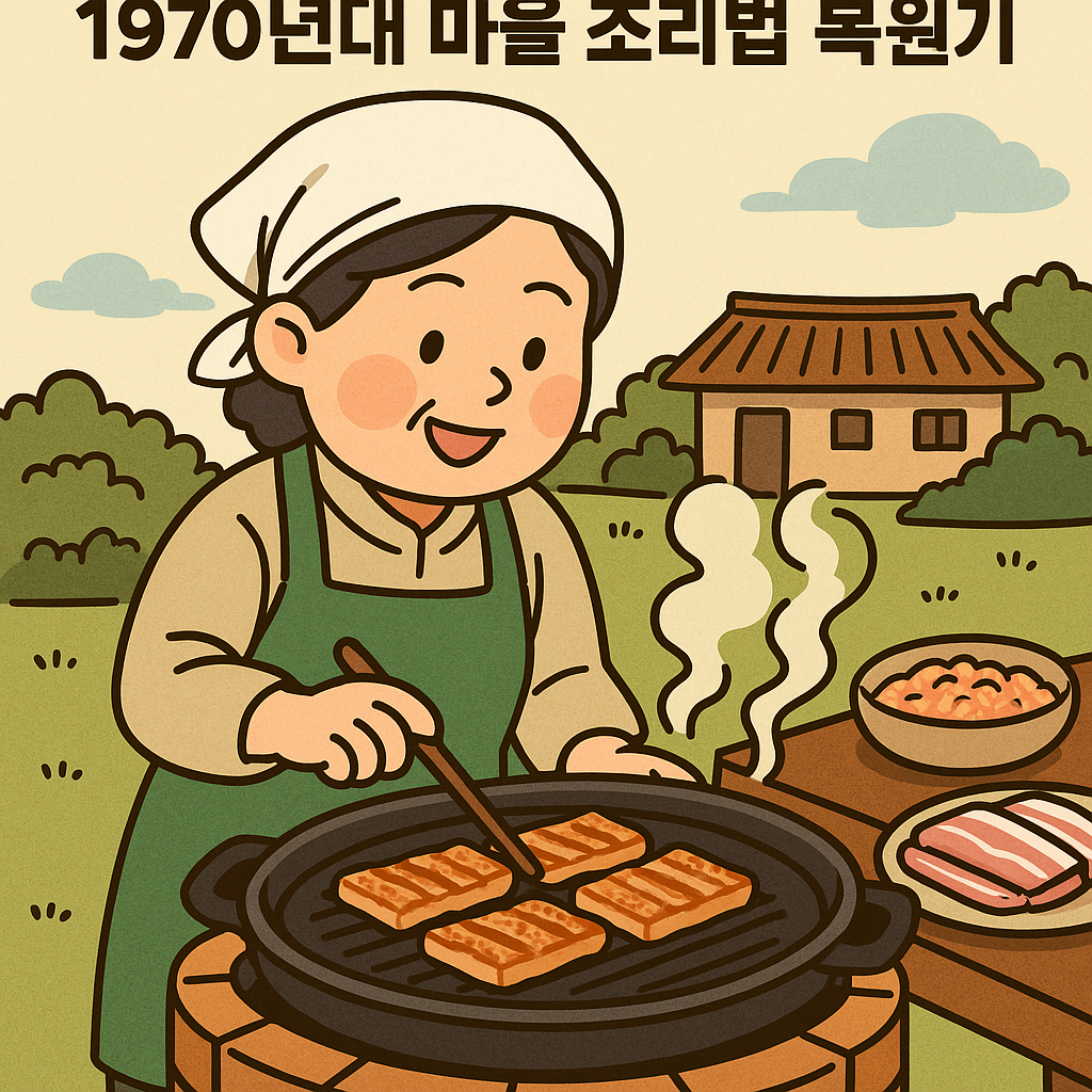 1970년대 전남 순천 마을에서 장작불 위에 삼겹살을 굽는 전통 조리 장면, 새우젓 양념 복원 체험