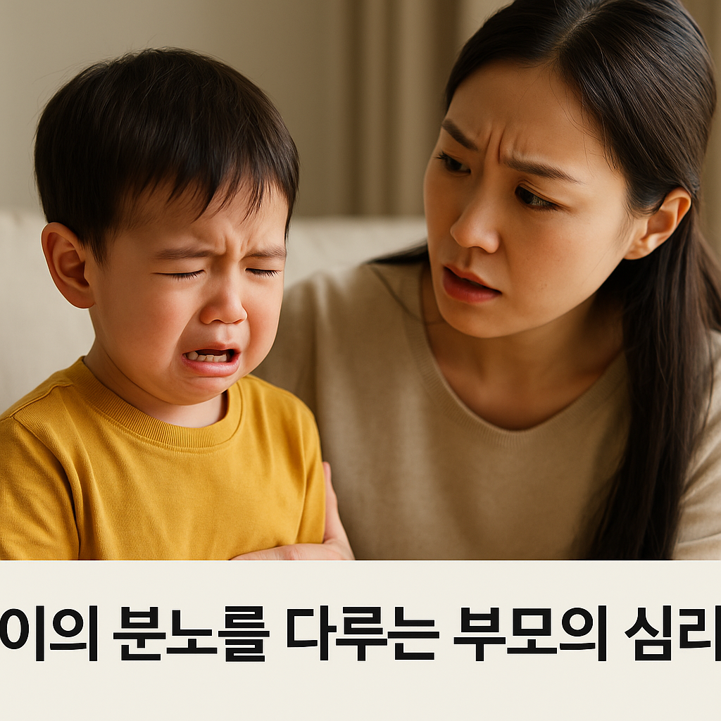 3~4세 남자아이가 엄마 곁에서 울며 감정을 표현하고, 엄마가 걱정스러운 표정으로 아이를 바라보며 다독이는 모습