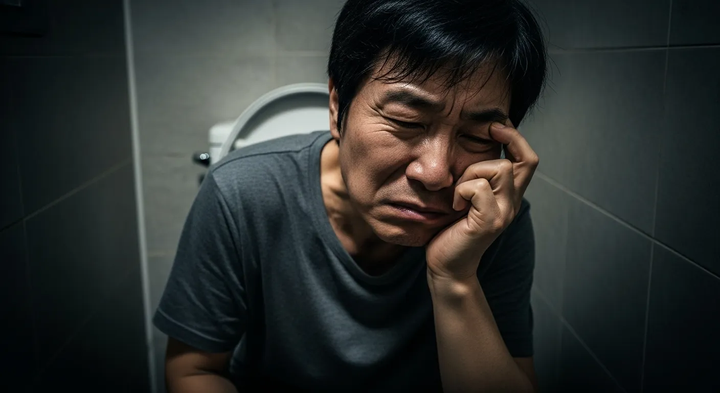 "한 사람이 변비로 인해 화장실에서 고통스러워하는 모습"