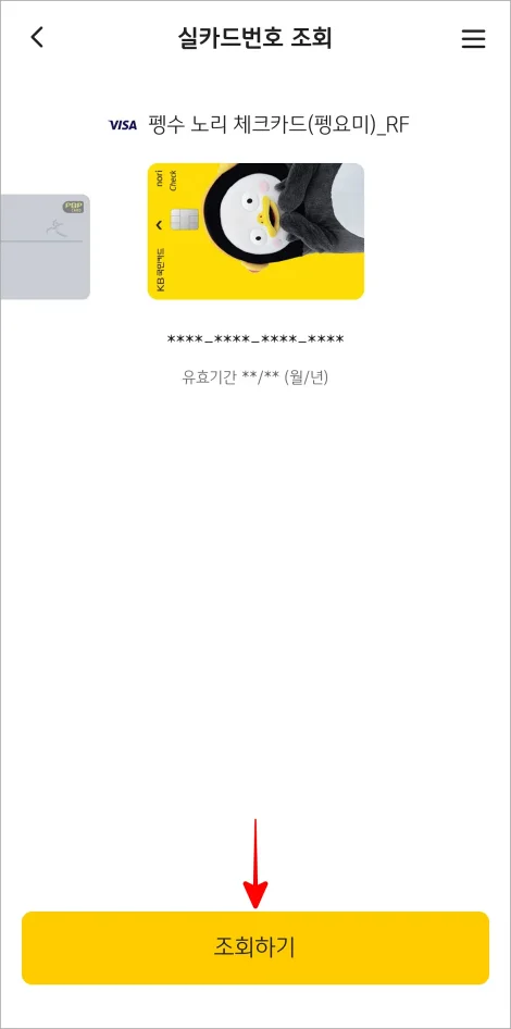 실카드번호 조회 화면의 '조회하기'를 선택