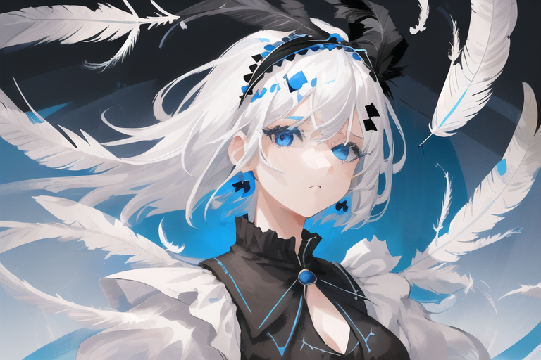 a girl with white hair and blue eyes wearing a black dress, feathers around her