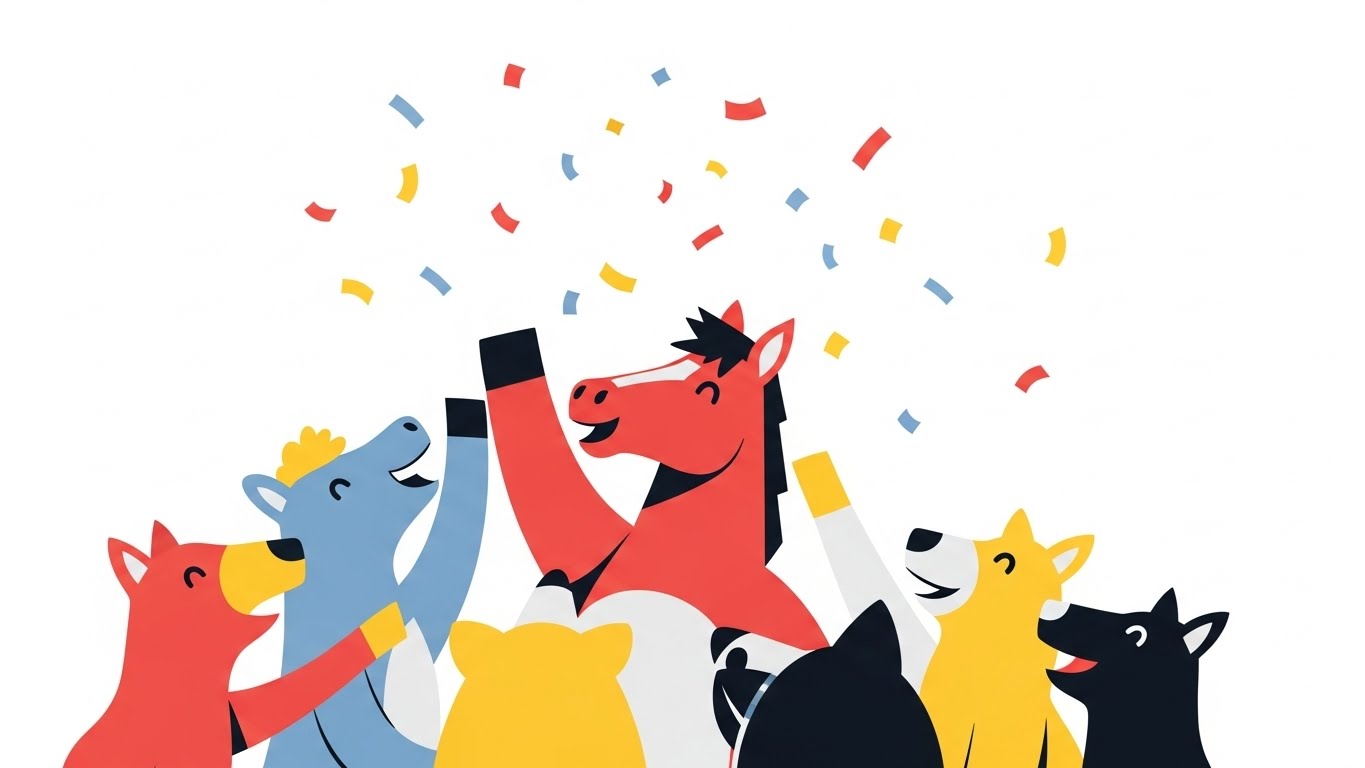 다른 동물 친구들과 하이파이브를 하며 즐겁게 소통하는 밝은 에너지의 말 캐릭터 일러스트