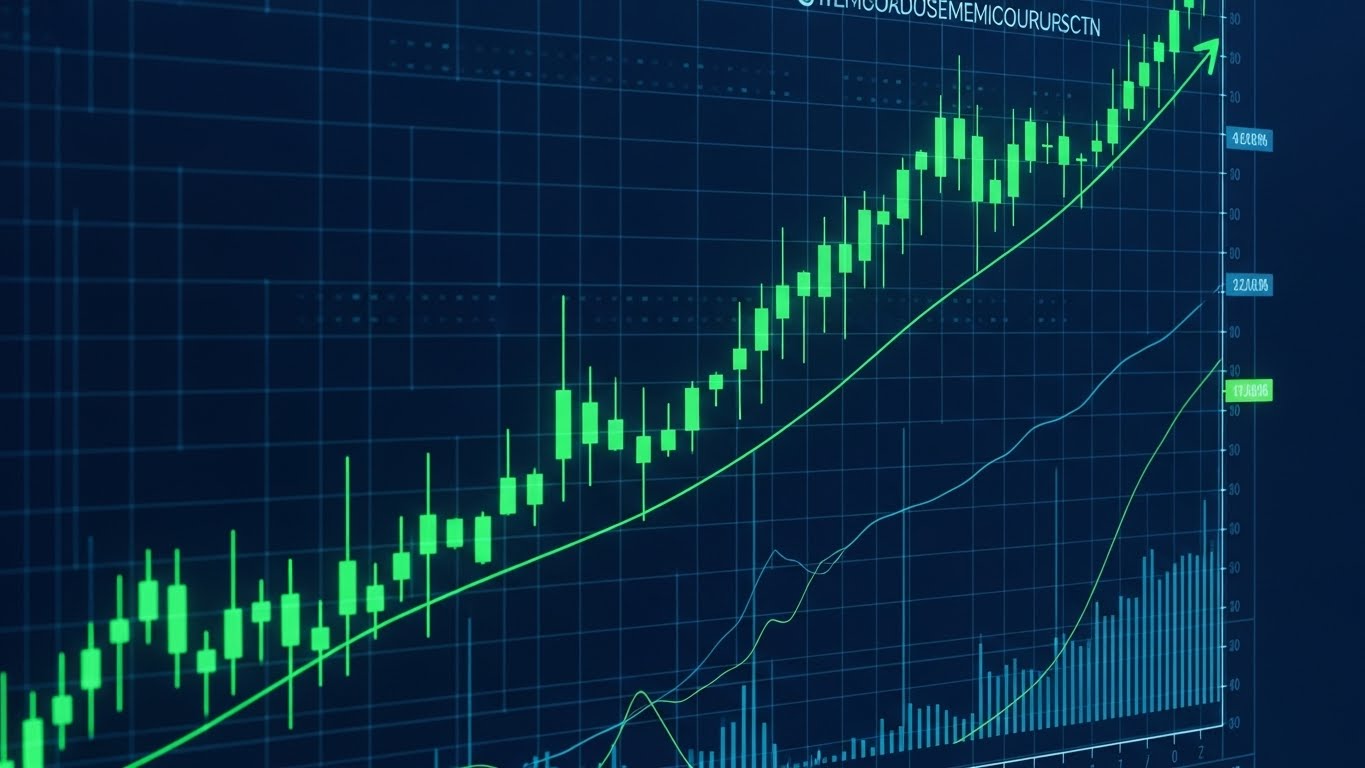 Stock market chart showing a steep upward trend line for semiconductor industry, green candles, digital grid background, analyzing growth potential, financial investment theme
