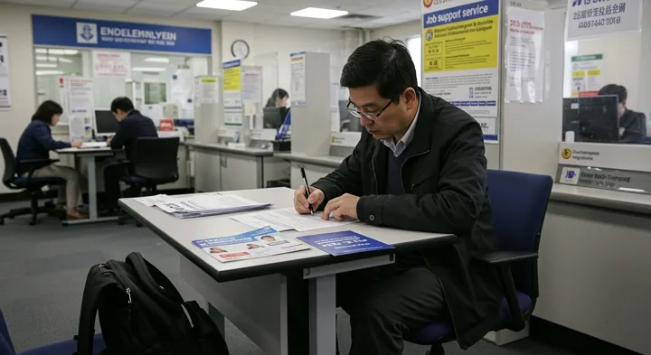 고용센터에서 실업급여 신청서를 작성하는 남성