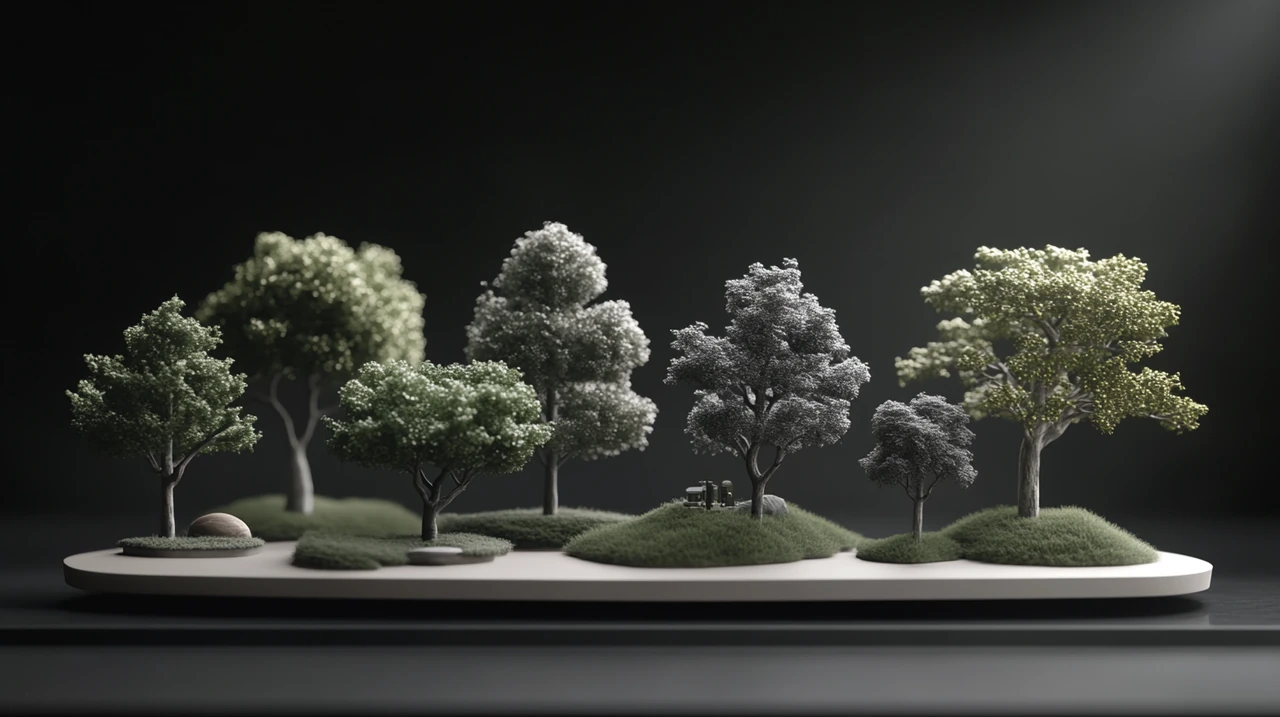 다양한 투자 기회를 상징하는 나무들로 이루어진 조화로운 풍경. 전략적 계획을 암시하며 자연 조명이 빛을 더한다.