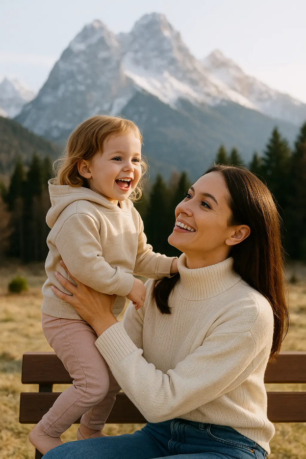 아이돌봄 커뮤니티 안내책자, 마을 지도, 마을 회관 전단지, 육아정보 노트가 정리된 테이블 위 장면, 텍스트 없음