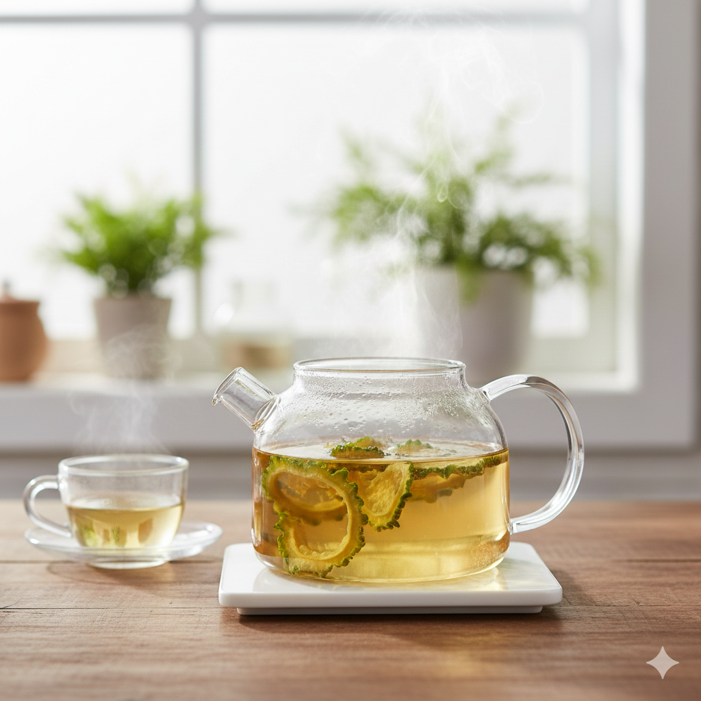 잘 말린 여주 조각을 우려내어 맑은 노란빛을 띠는 건강한 여주차 한 잔