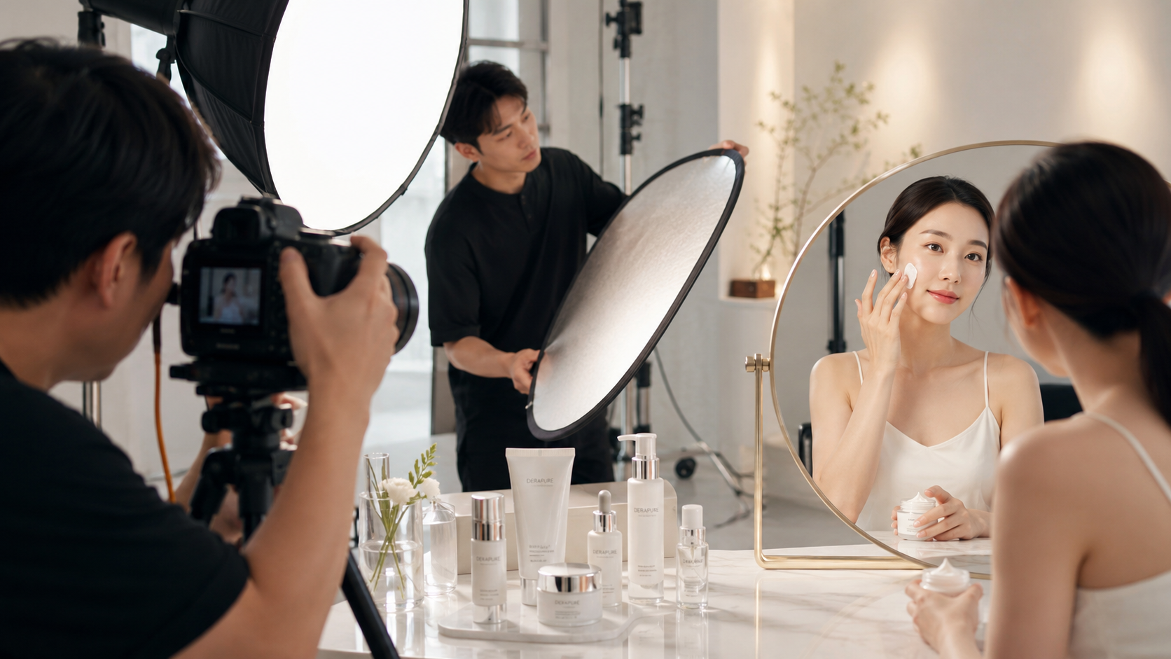 A studio scene capturing actual skincare products and models